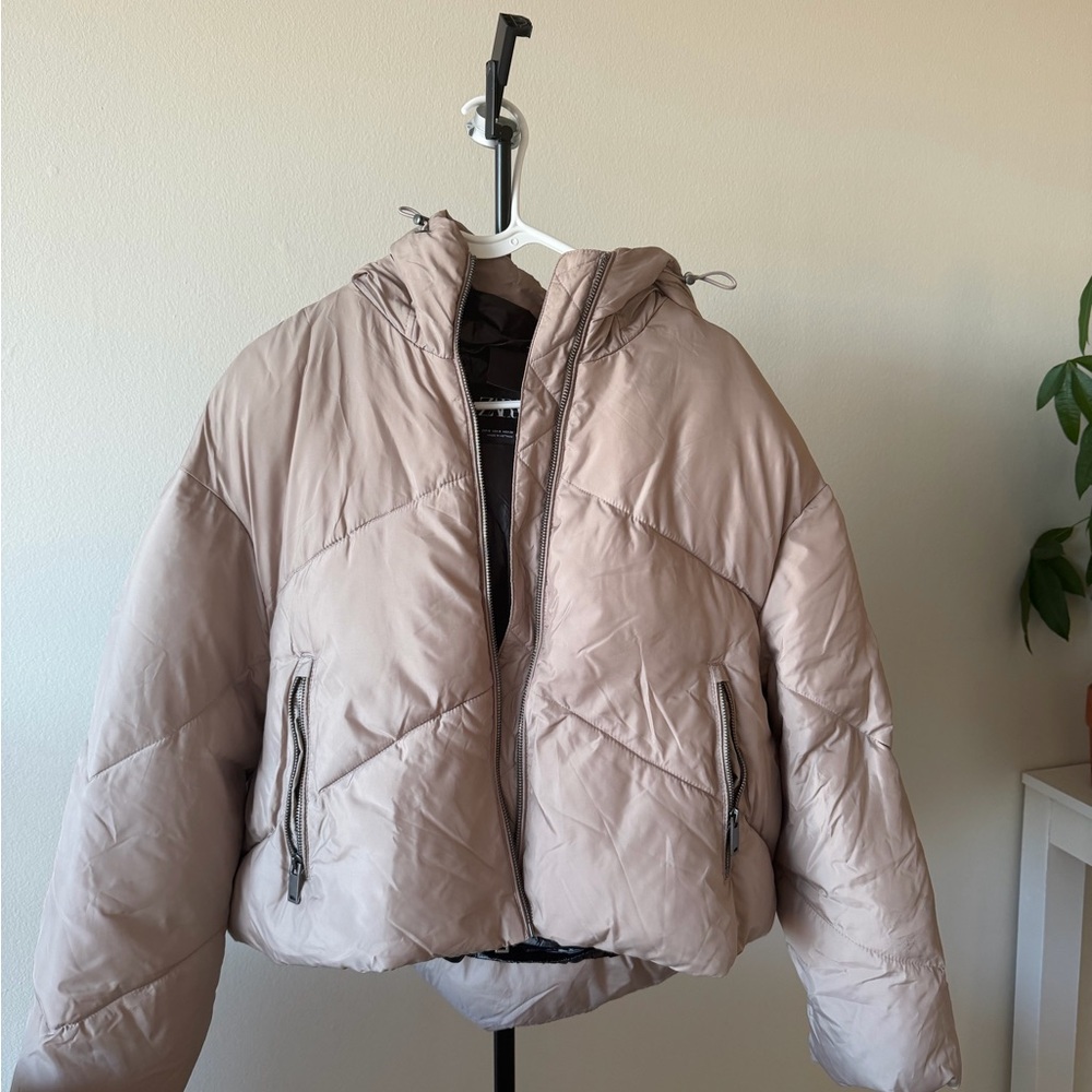 Zara Womens Hooded Puffer Jacket — Taupe